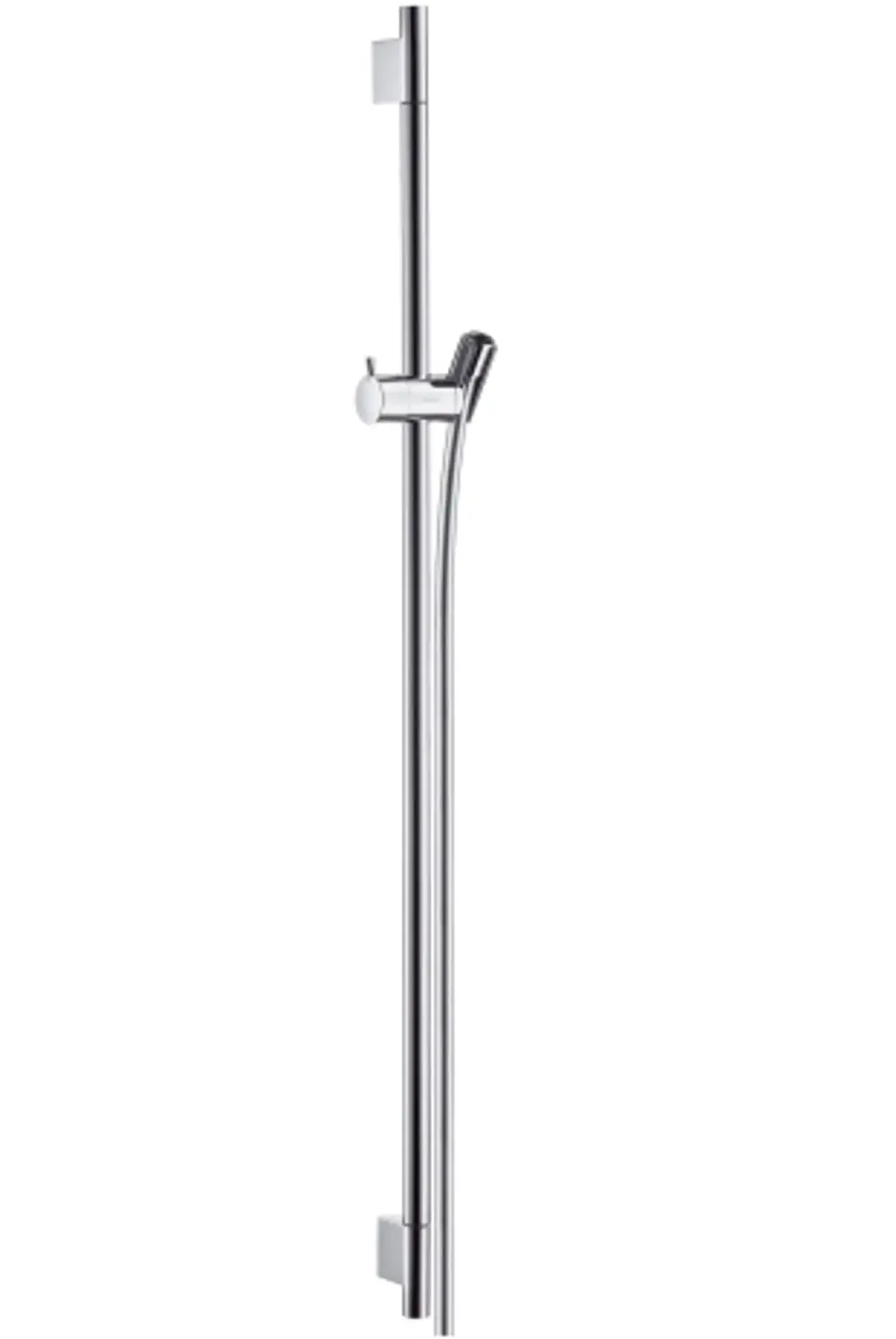 Hansgrohe Brausestange aus Chrom, vertikal montiert, mit Halter und einem geschwungenen Schlauch, geeignet für die Verwendung in Duschbereichen.